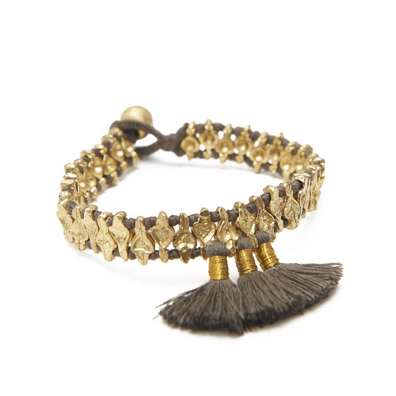 Taupe pom pom tassel brass bracelet, handcrafted jewelry