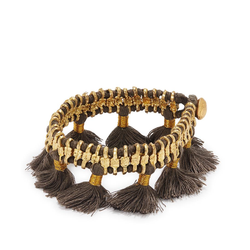 Taupe pom pom tassel brass bracelet, handcrafted jewelry