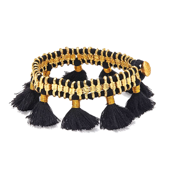 Black pom pom tassel brass bracelet, handcrafted jewelry