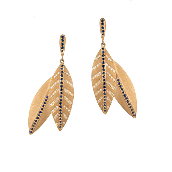 Diamond and sapphire yellow gold earrings, handcrafted fine jewelry