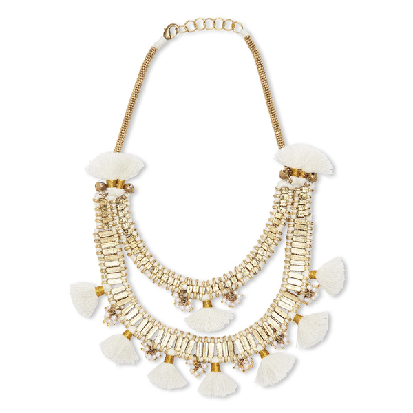 White pom pom tassel brass necklace, handcrafted jewelry